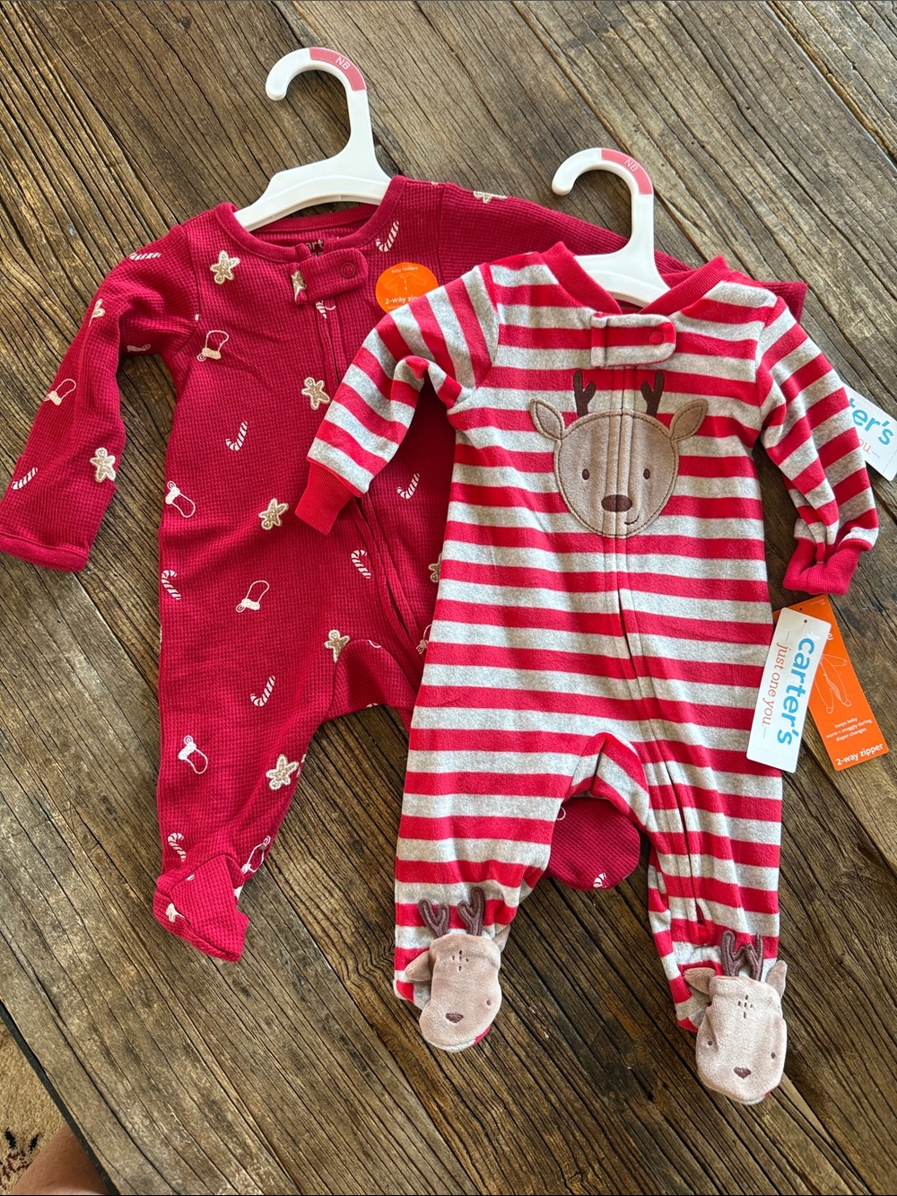 Carter's Newborn Red Striped Reindeer & Solid Holiday Footed One-Piece Sets NWT